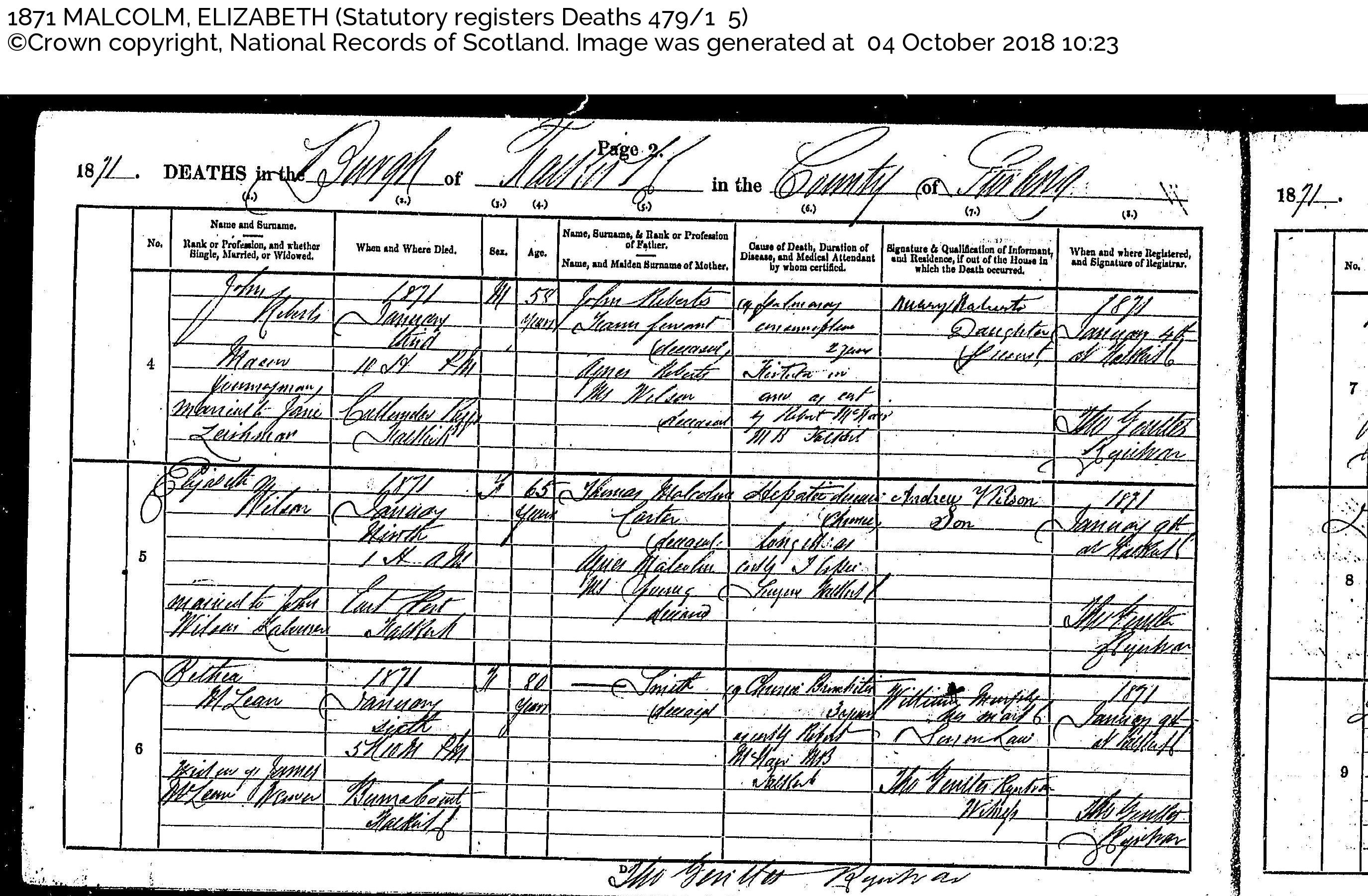 Elizabeth Malcolm (Wilson)_D1871 Falkirk, September 1, 1871, Linked To: <a href='i744.html' >Elizabeth Malcolm</a> and <a href='i742.html' >John Wilson</a>